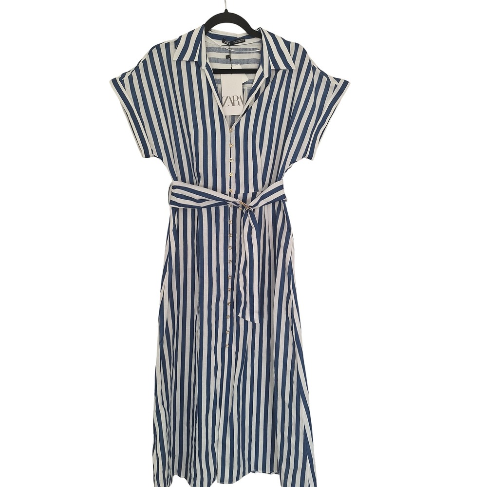 Zara Women Blue White Striped Linen Blend Button Front Midi Shirt Dress Size M
